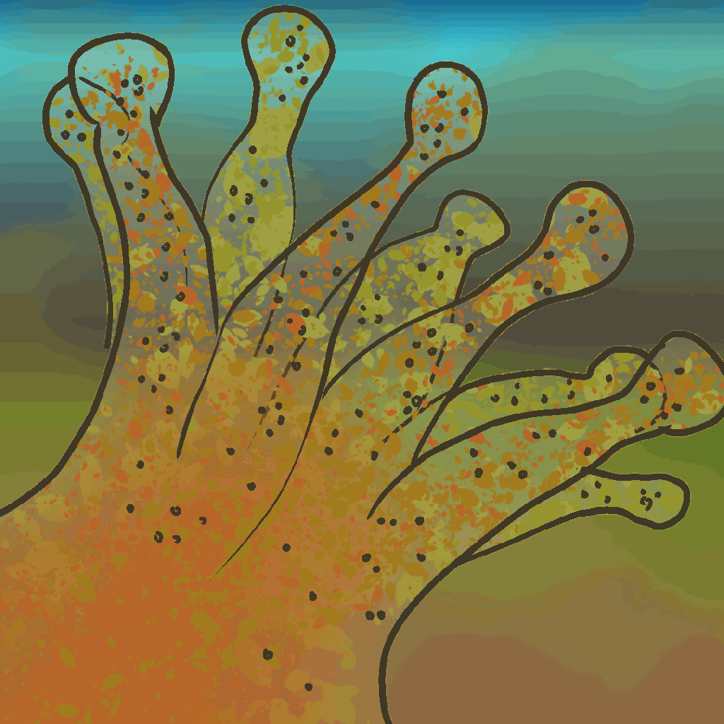 An animation of a colorful coral polyp shooting out its algae and turning white.