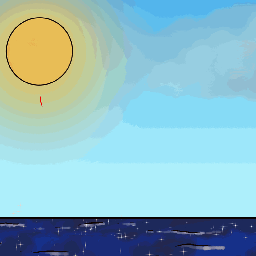 An animation of red sun rays reflecting off the ocean and rebounding down from the atmosphere, heating up the air.