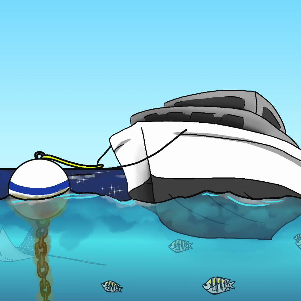A cartoon of a boat tied to a mooring buoy in tropical seas.