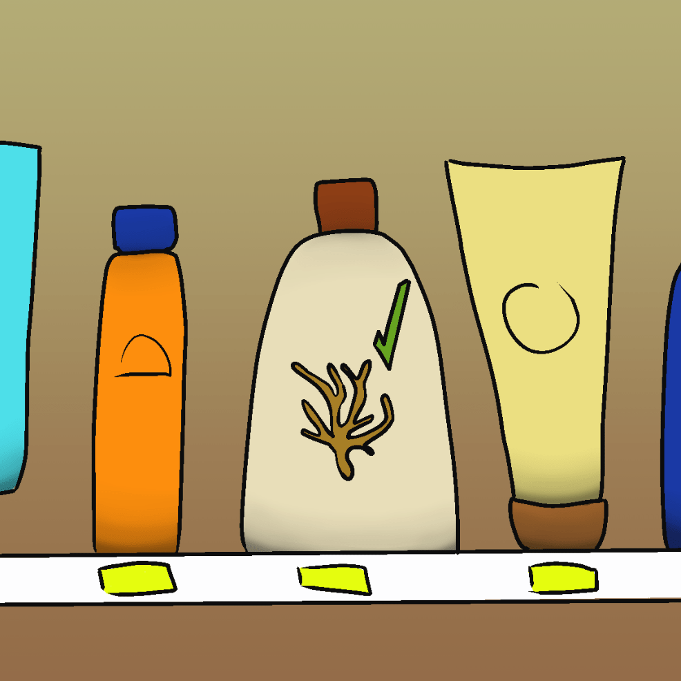A cartoon of sunscreen bottles on a grocery store shelf. The center one has a drawing of coral and a green check mark.